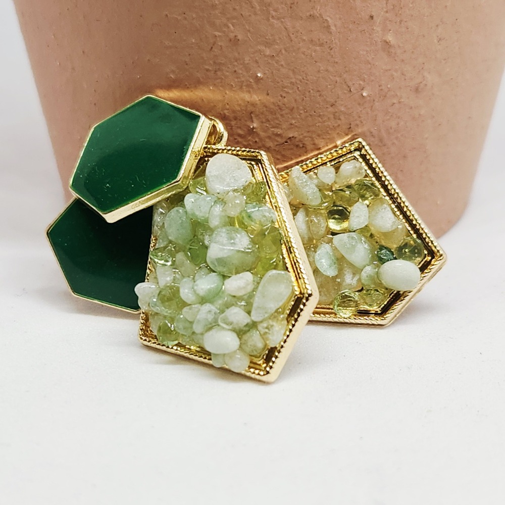 Green Geometric Stone Chip Drop Earrings Gold Tone‎ Hexagon Statement Jewelry - Picture 6 of 8